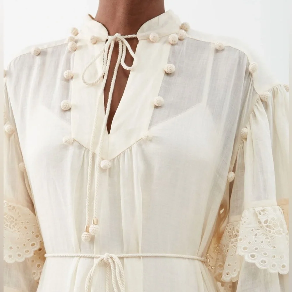 Zimmermann Cream Ruffled Tiered Sundress with Bishop Sleeves - Picture 5 of 12